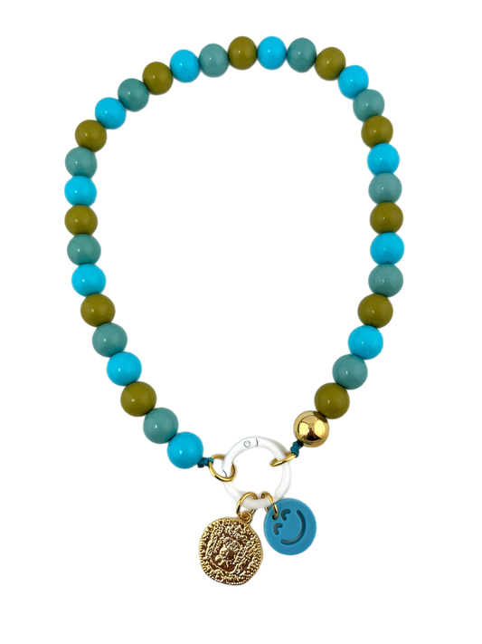 Ketting Big Beads turquoise goud 14 mm