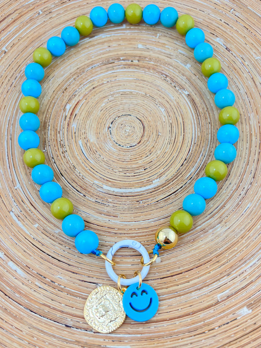 Ketting Big Beads turquoise goud 14 mm