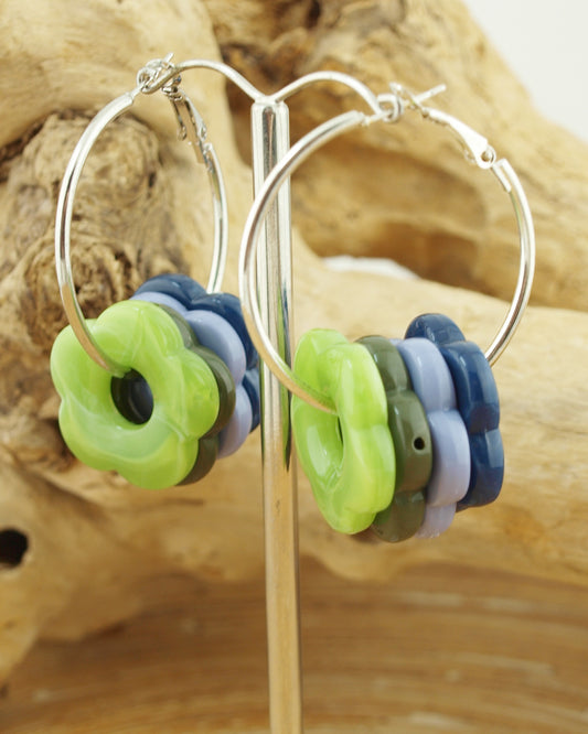 Oorbellen creolen Bloemkralen Groen Blauw