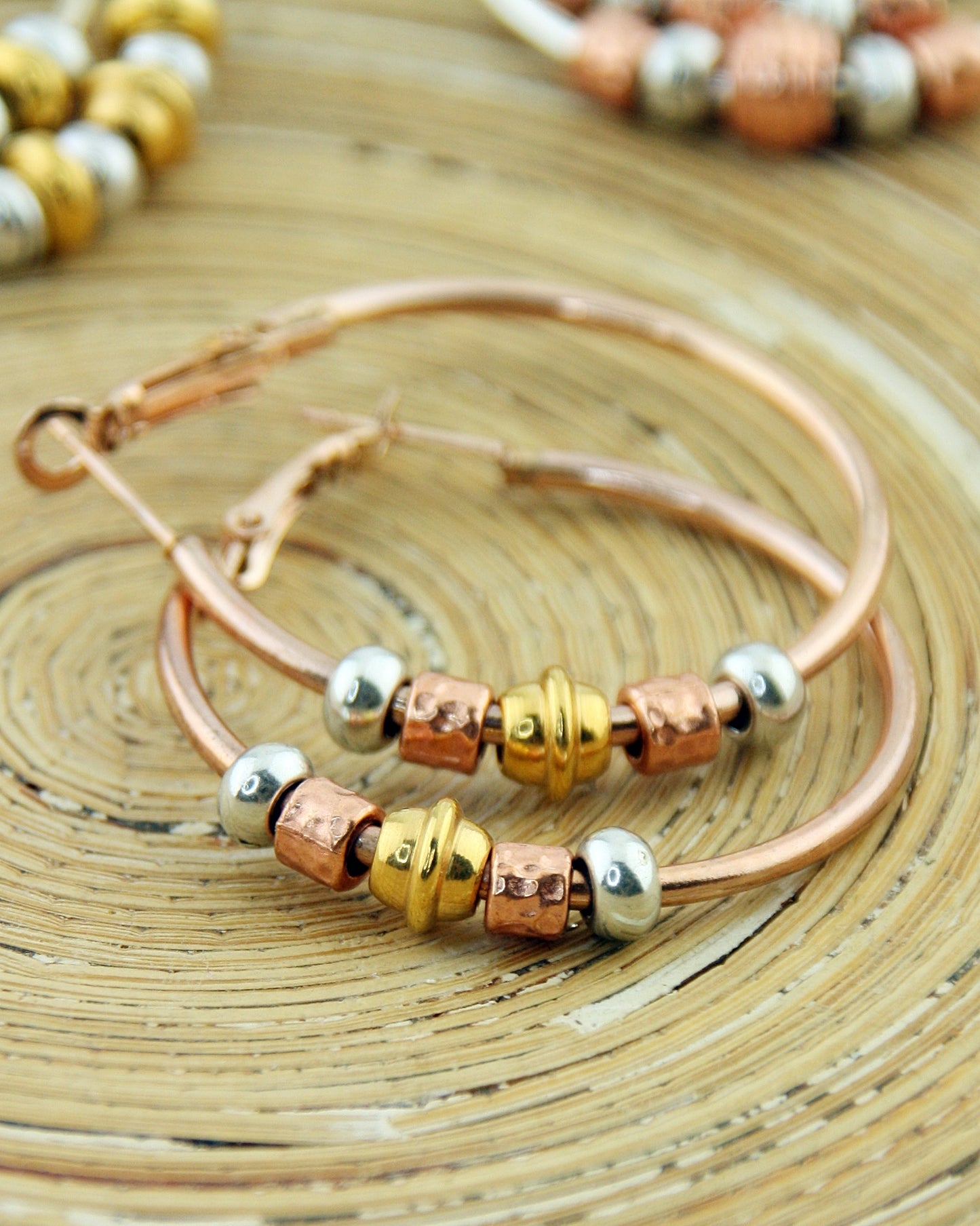 Oorbellen Creolen: Rose Gold Beads Tri colore