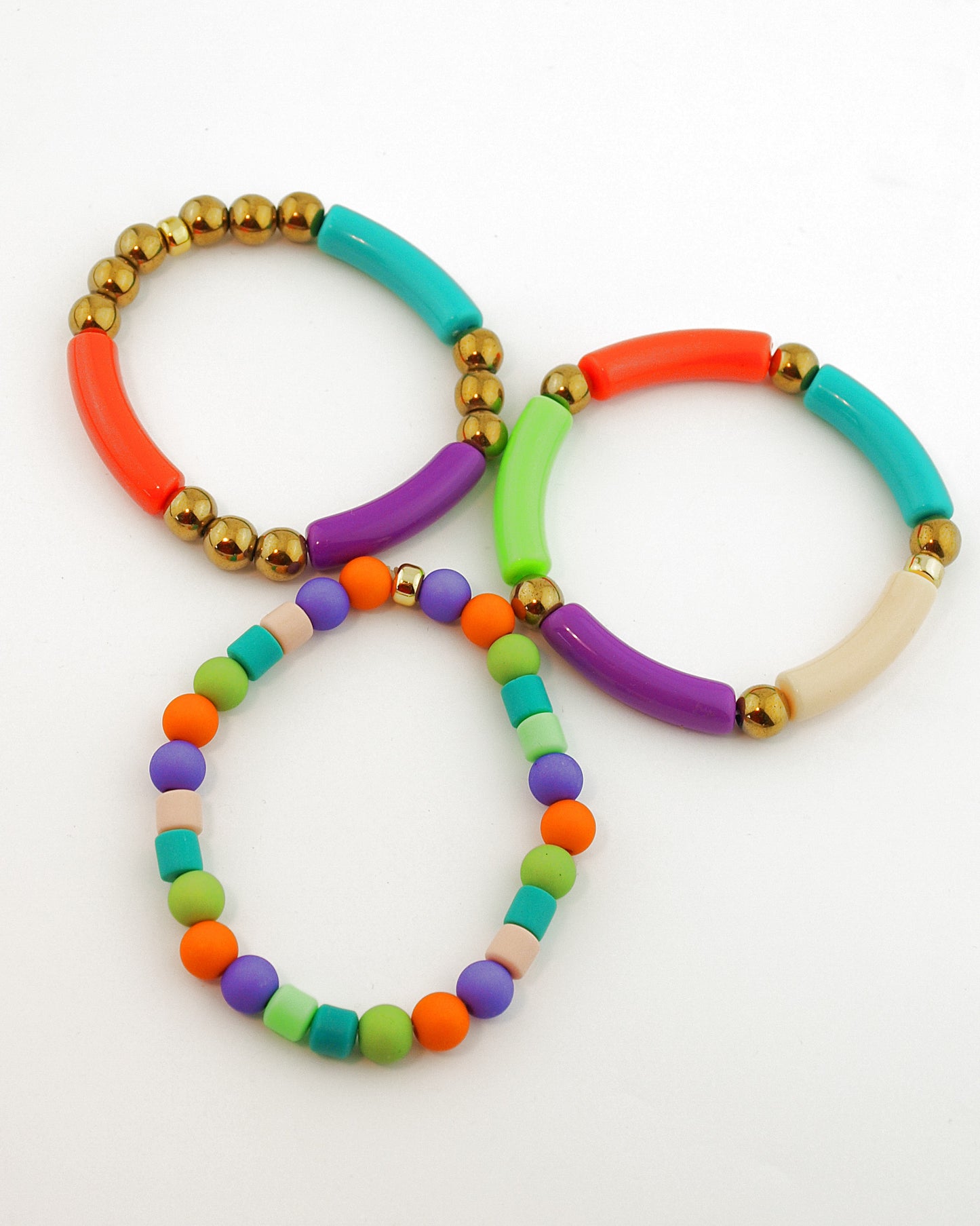 Set Armbanden Tube mix paars oranje groen goud