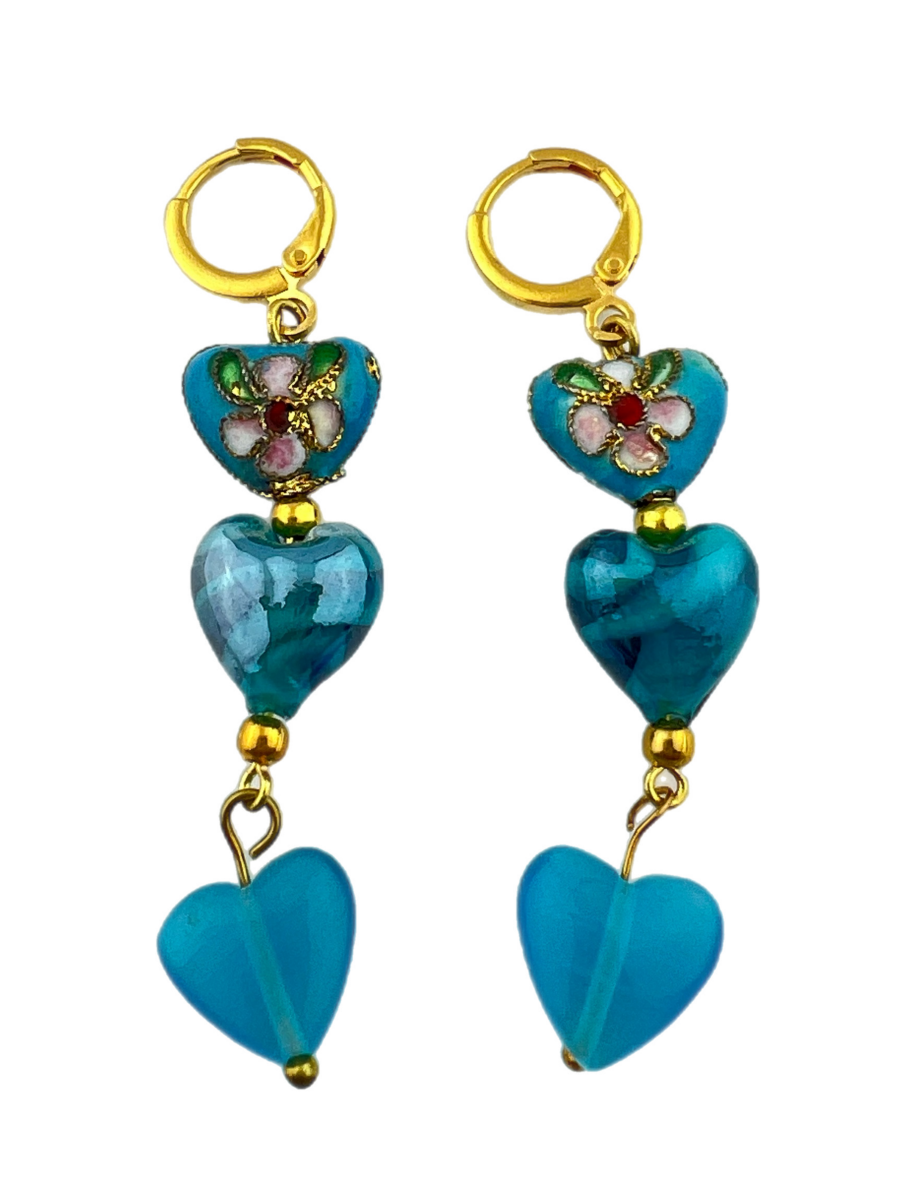 Oorbellen Blauwe Hartjes Cloisonné - HanneHaves