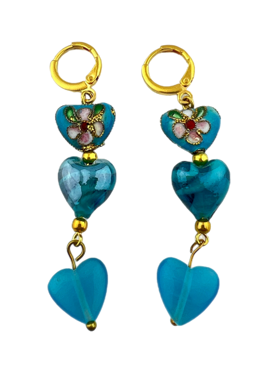 Oorbellen Blauwe Hartjes Cloisonné - HanneHaves