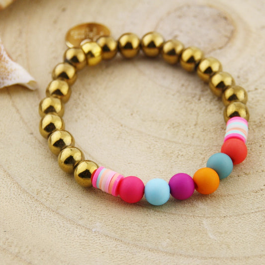Armband grote gouden kralen met pasteltinten