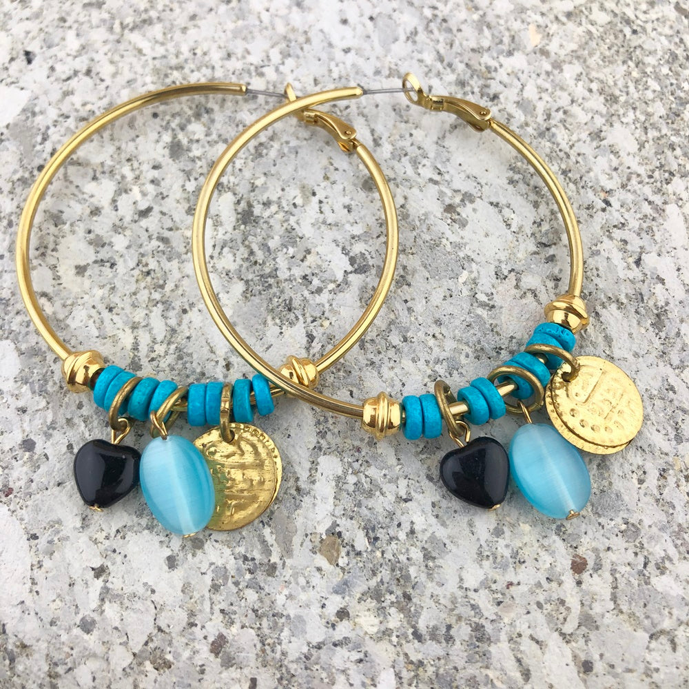 Oorringen Creolen: Gold Turquoise Coin